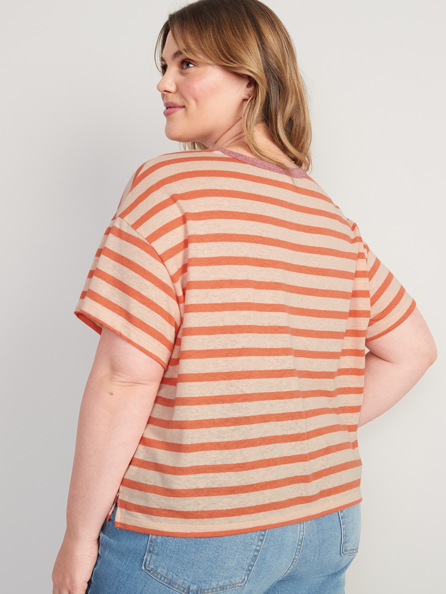 Short-Sleeve Oversized Cropped Striped Linen-Blend T-Shirt for