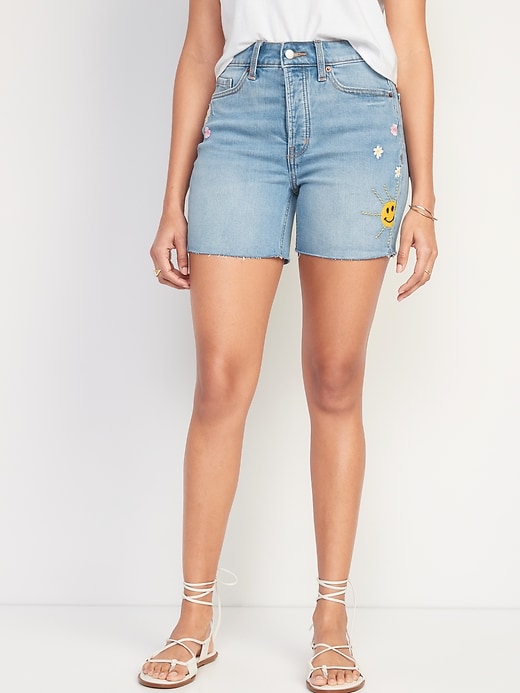 Image number 1 showing, High-Waisted Button-Fly O.G. Straight Embroidered Cut-Off Jean Shorts for Women -- 5-inch inseam
