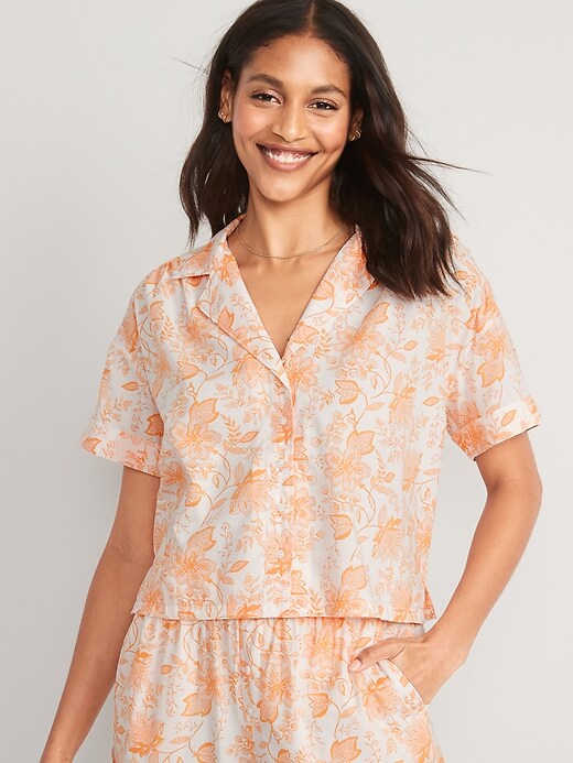Image number 1 showing, Floral-Print Cropped Boyfriend Pajama Shirt