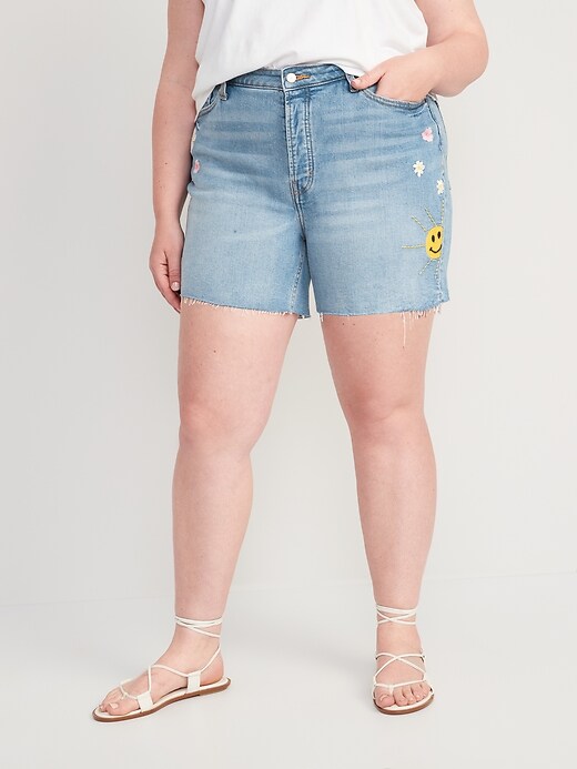 Image number 7 showing, High-Waisted Button-Fly O.G. Straight Embroidered Cut-Off Jean Shorts for Women -- 5-inch inseam