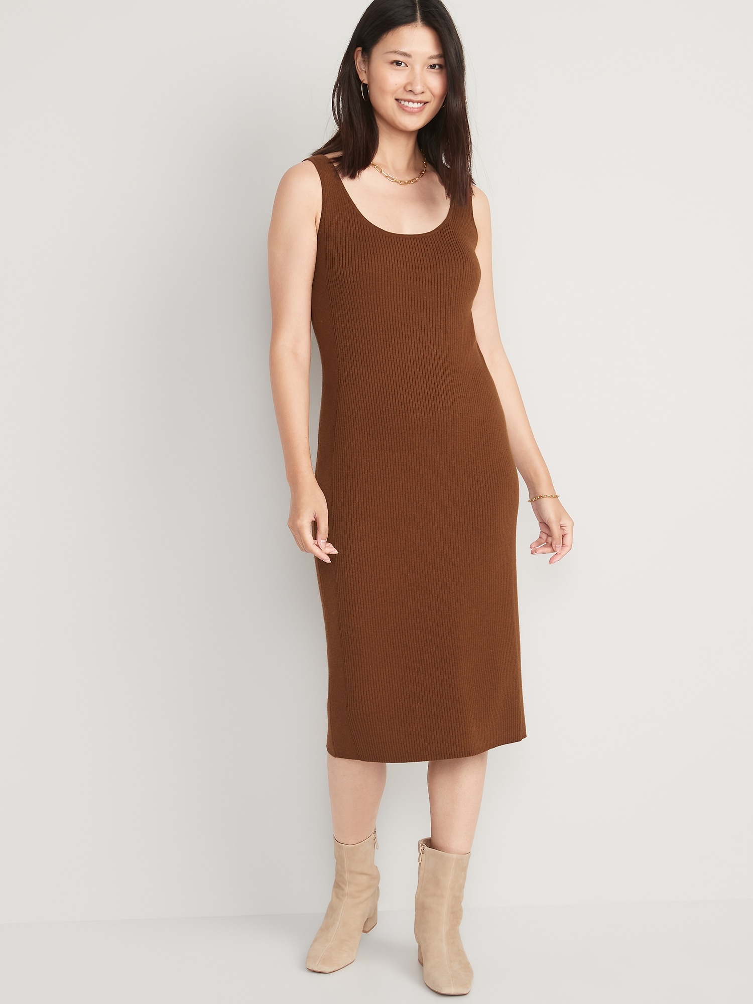 Old Navy Fitted Rib-Knit Midi Tank Sweater Dress for Women brown. 1