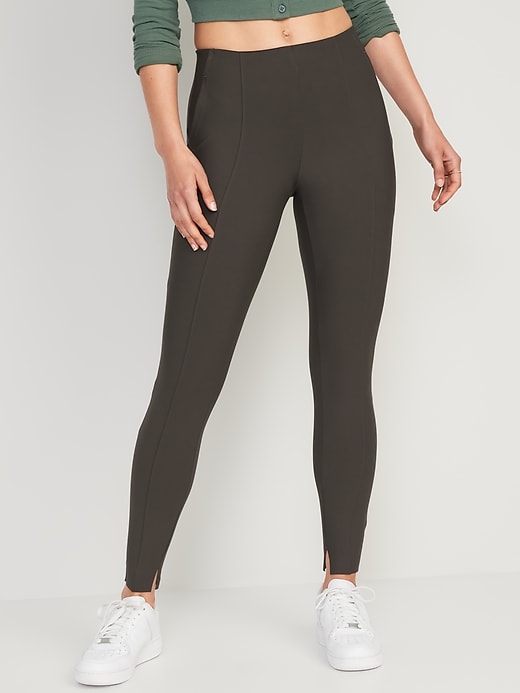 High-Waisted PowerSoft Pintucked Side-Slit 7/8-Length Leggings