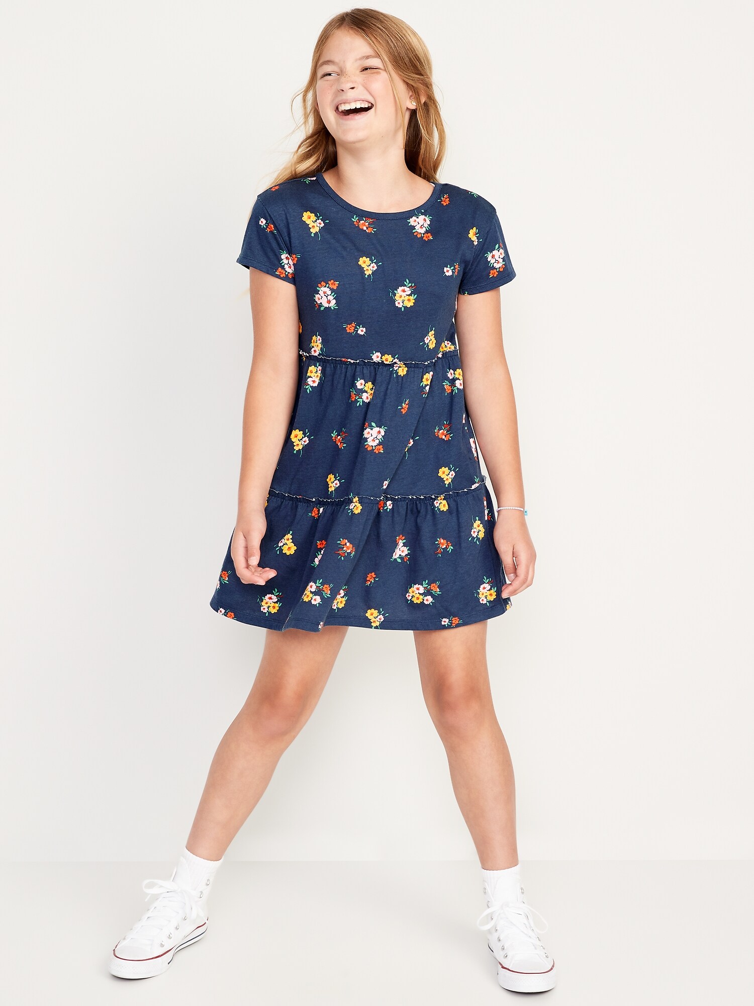 Tiered Printed Short-Sleeve Swing Dress 