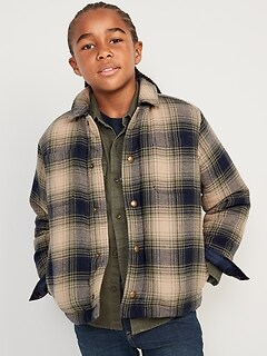 Cozy Plaid Flannel Sherpa-Lined Shacket for Boys