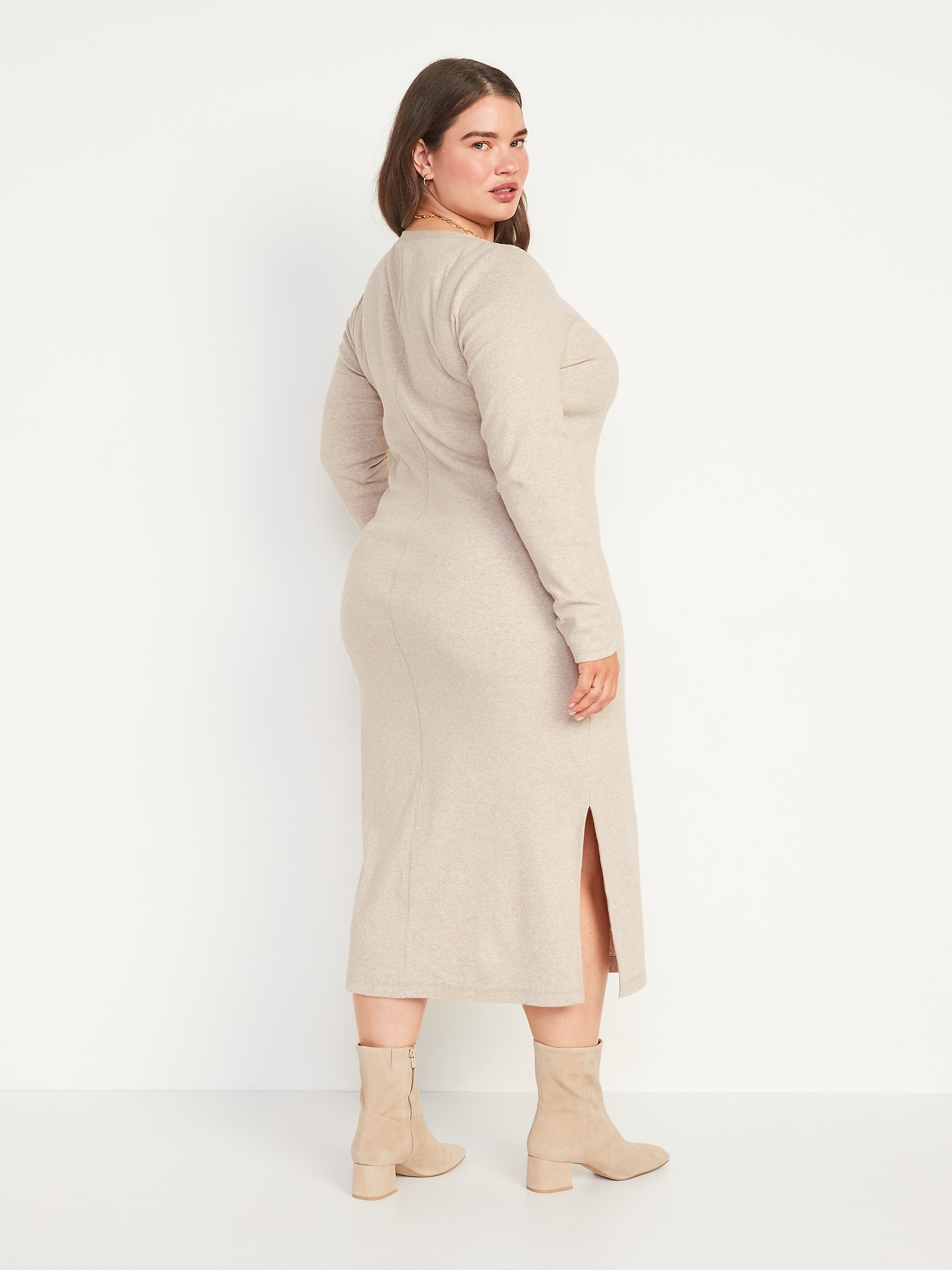 Fitted Long-Sleeve Heathered Rib-Knit Henley Midi Dress for Women