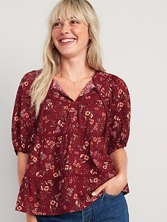 Puff-Sleeve Floral Tiered Swing Blouse for Women