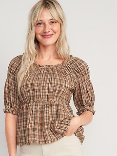 Fitted Puff-Sleeve Plaid Top for Women
