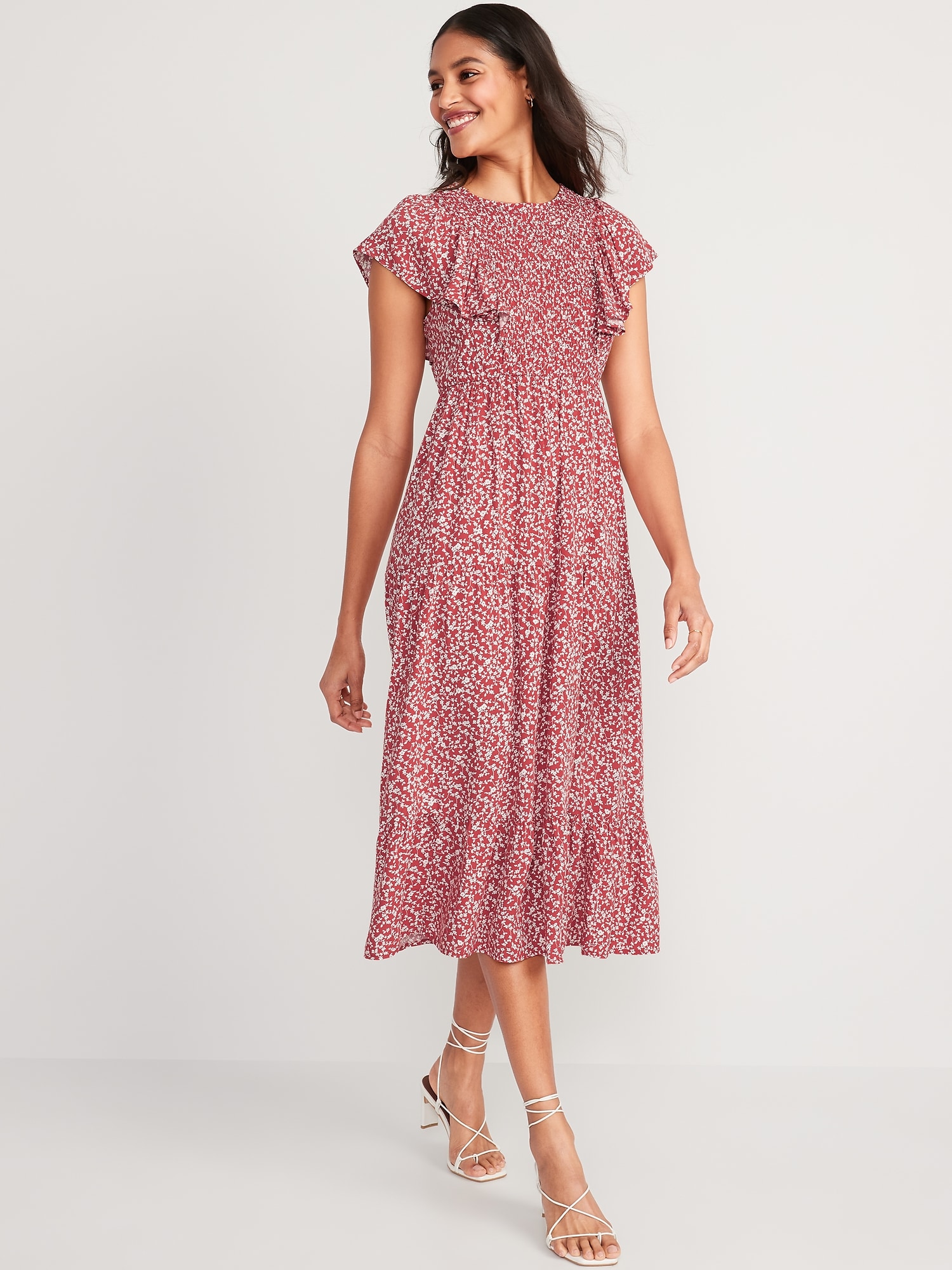 Fit & Flare Flutter-Sleeve Tiered Smocked Midi Dress for Women | Old Navy