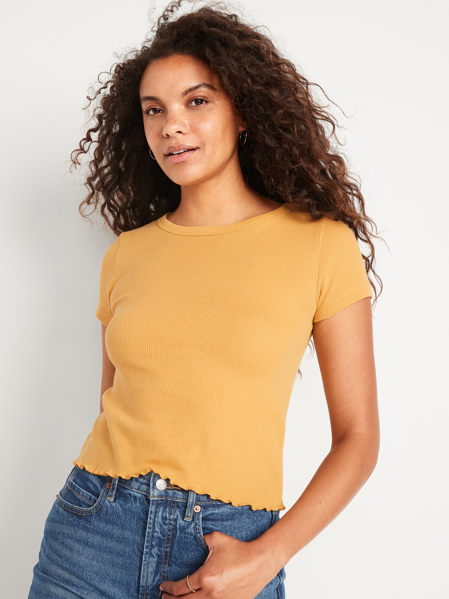 Old Navy Short-Sleeve Cropped Lettuce-Edge Waffle-Knit T-Shirt for Women yellow. 1