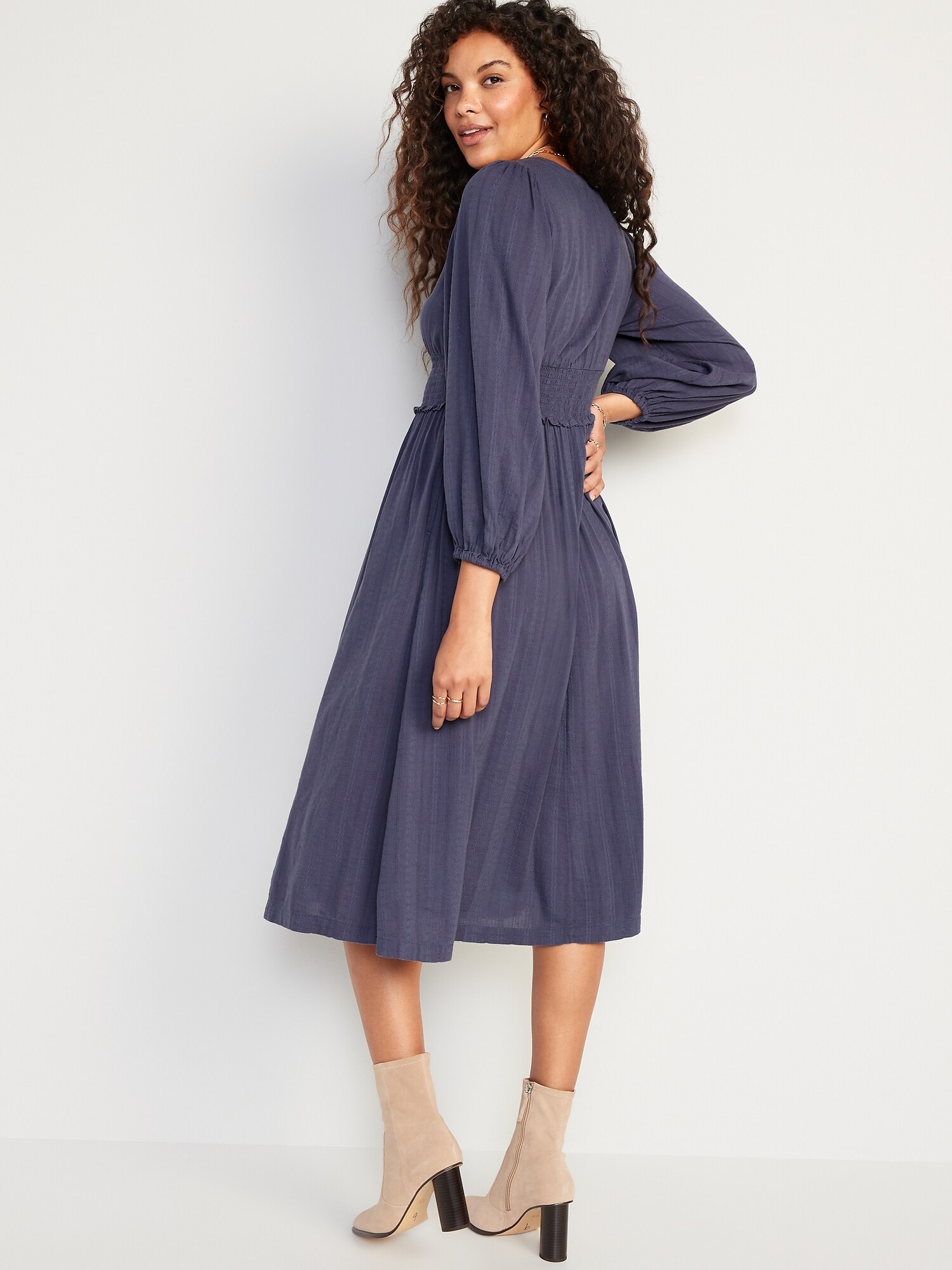 Waist-Defined Puff-Sleeve Smocked Midi Dress for Women | Old Navy