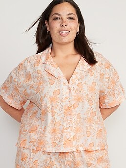 Floral-Print Cropped Boyfriend Pajama Shirt for Women