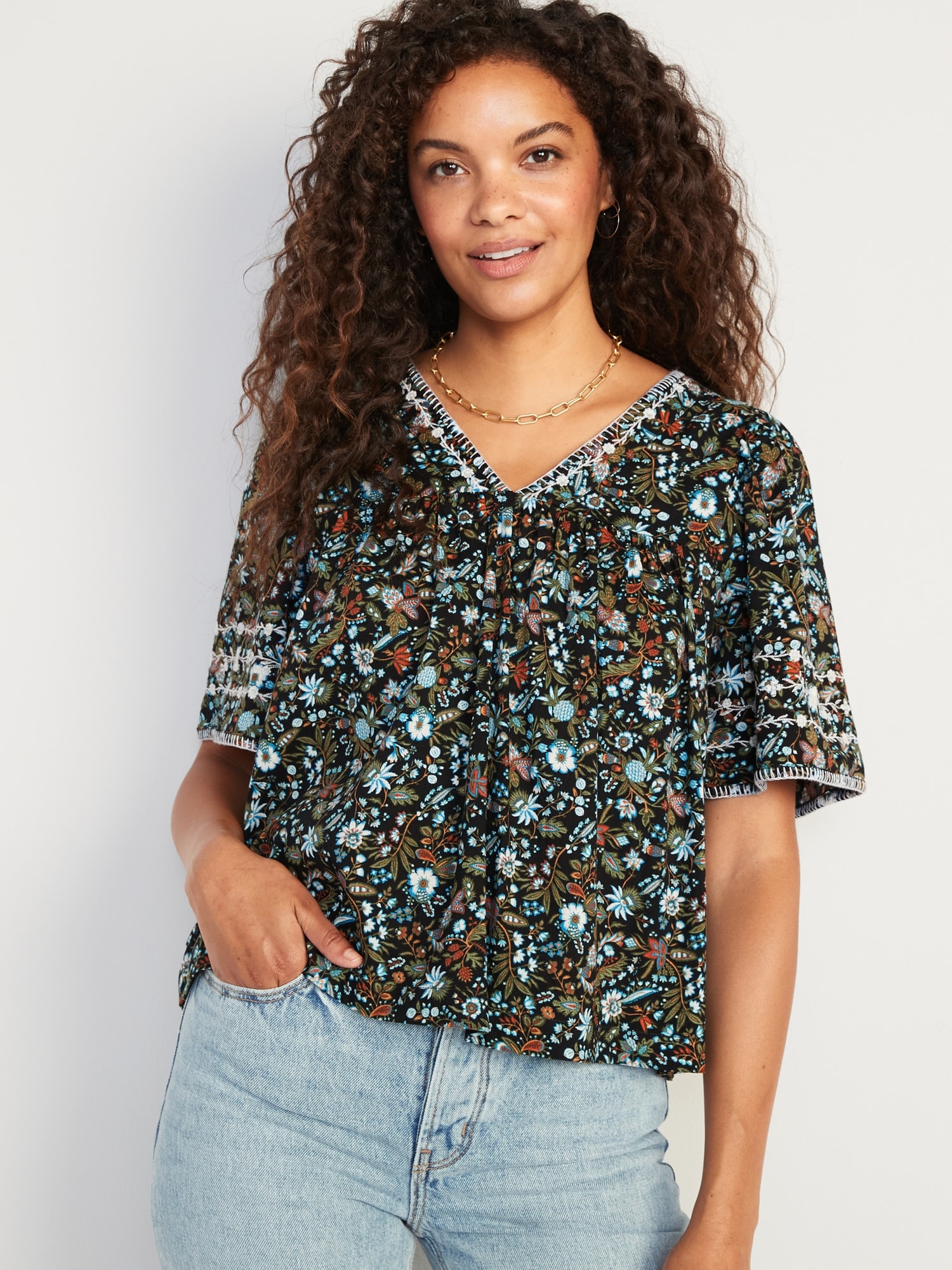 VNeck Floral Embroidered Swing Blouse for Women Old Navy
