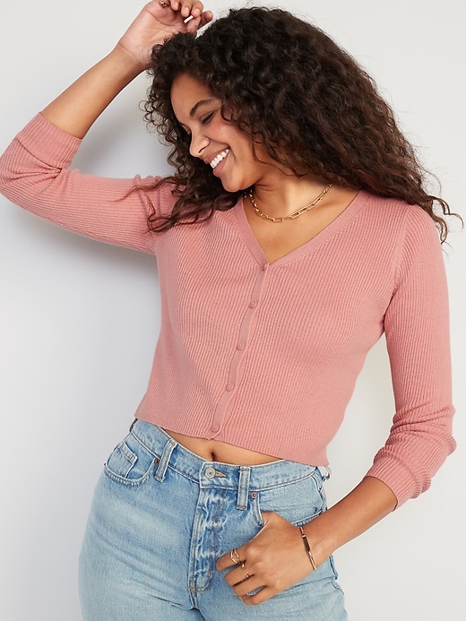 Long Sleeve Cropped Rib Knit Cardigan Sweater Old Navy
