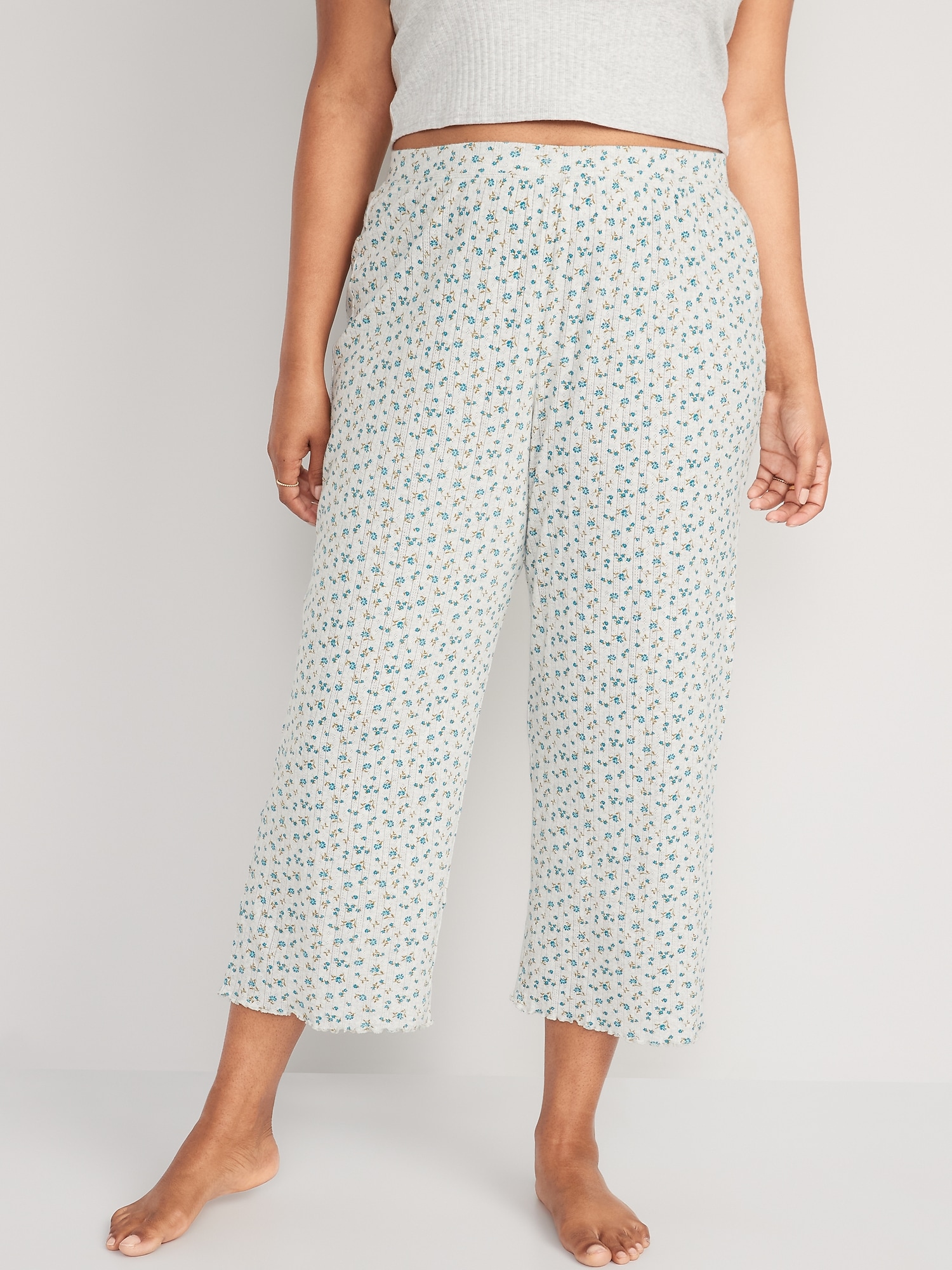 High-Waisted Floral-Print Cropped Pointelle-Knit Pajama Pants for Women