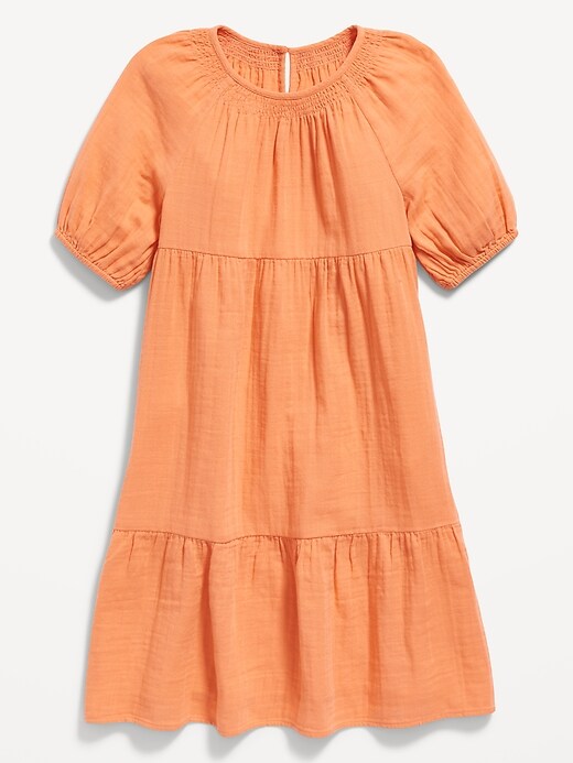 View large product image 2 of 3. Crepe Puff-Sleeve Tiered Knee-Length Dress for Girls