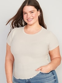 Short-Sleeve Cropped Lettuce-Edge Waffle-Knit T-Shirt for Women