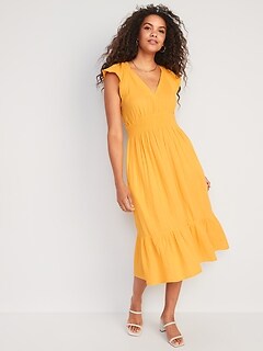 Waist-Defined Flutter-Sleeve Smocked Midi Dress for Women