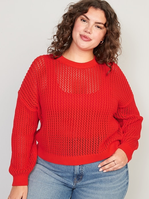 Image number 5 showing, Long-Sleeve Cropped Crochet Sweater for Women