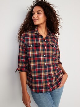 Long-Sleeve Plaid Flannel Boyfriend Tunic Shirt for Women
