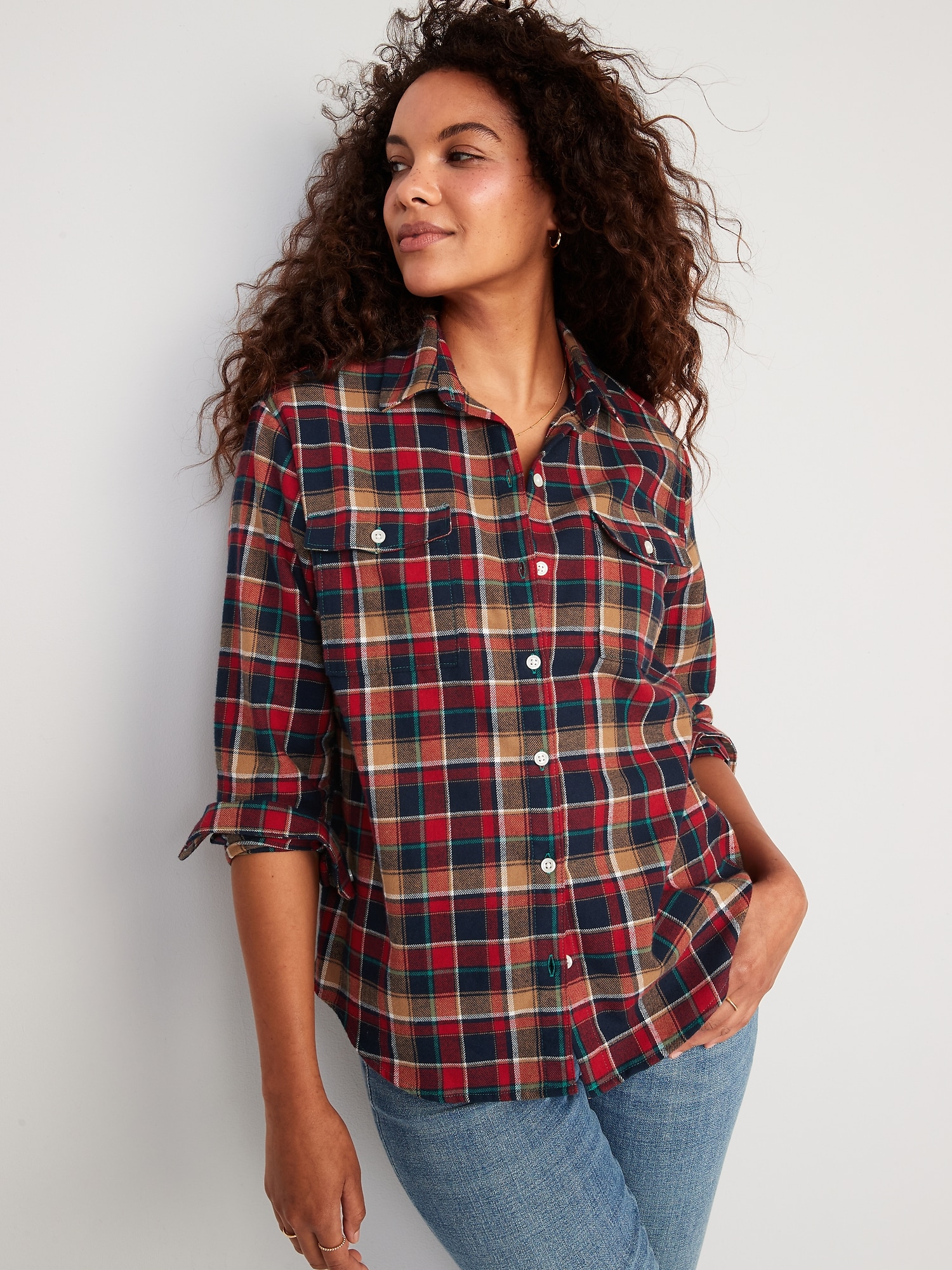 Old Navy Long-Sleeve Plaid Flannel Boyfriend Tunic Shirt for Women brown. 1