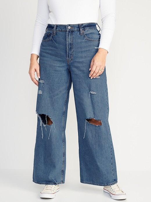 Image number 5 showing, Extra High-Waisted Ripped Baggy Wide-Leg Non-Stretch Jeans for Women