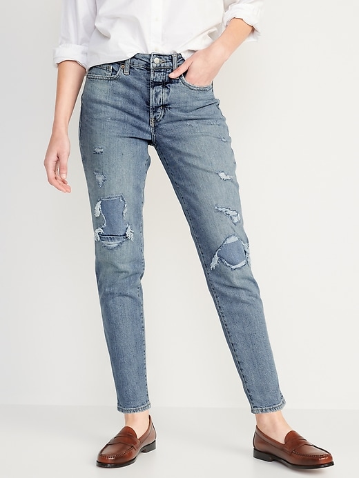 Image number 1 showing, High-Waisted Button-Fly O.G. Straight Ripped Ankle Jeans for Women