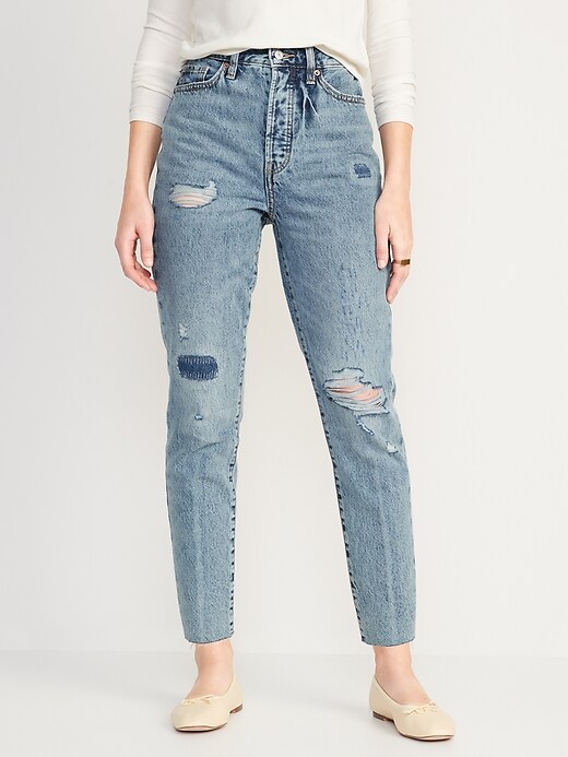 Image number 1 showing, Higher High-Waisted Button-Fly OG Straight Ripped Non-Stretch Jeans for Women
