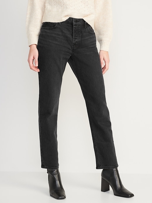 Image number 1 showing, High-Waisted Button-Fly Slouchy Straight Black-Wash Jeans for Women