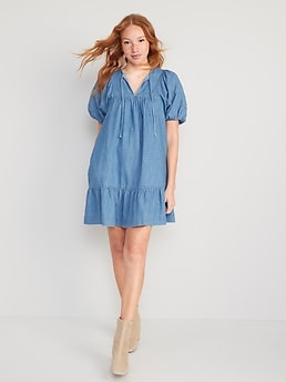Puff-Sleeve Tie-Neck Chambray All-Day Mini Swing Dress for Women