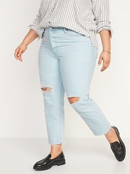 High-Waisted Button-Fly Slouchy Straight Ripped Cropped Non-Stretch Jeans for Women
