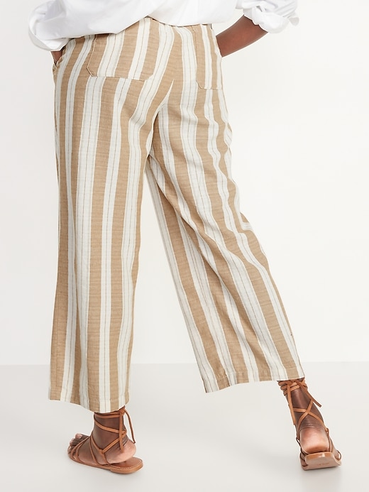 L'image numéro 6 présente Pantalon rayé en mélange de lin à taille haute et à jambe large pour Femme