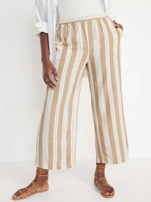 Wide-leg Linen-blend Pants - Light beige/striped - Ladies
