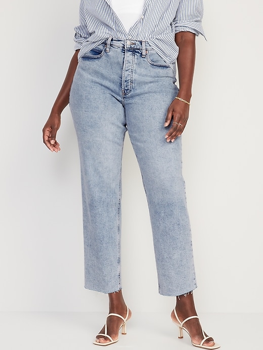 Extra High-Waisted Button-Fly Sky-Hi Straight Raw-Hem Jeans | Old Navy