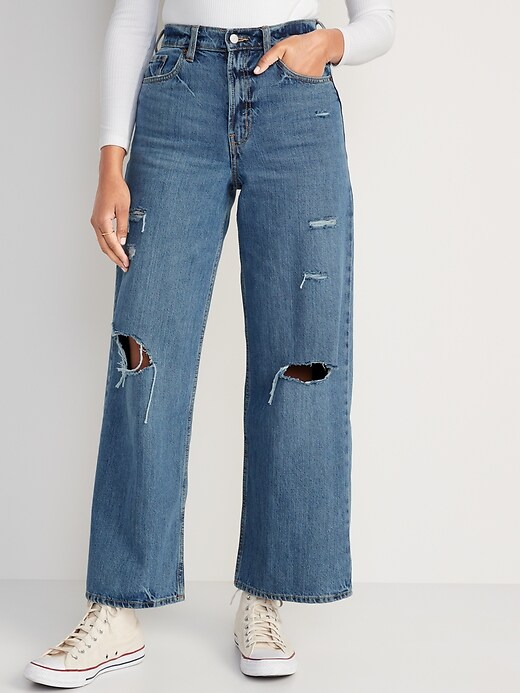 Image number 1 showing, Extra High-Waisted Ripped Baggy Wide-Leg Non-Stretch Jeans for Women