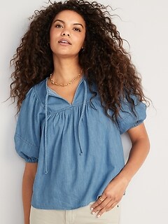 Oversized Chambray Puff-Sleeve Tie-Neck Top for Women