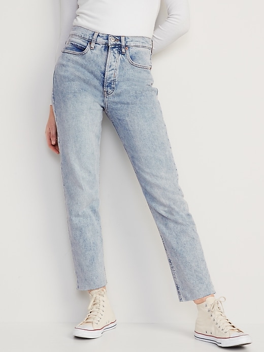 Image number 1 showing, Extra High-Waisted Button-Fly Sky-Hi Straight Raw-Hem Jeans