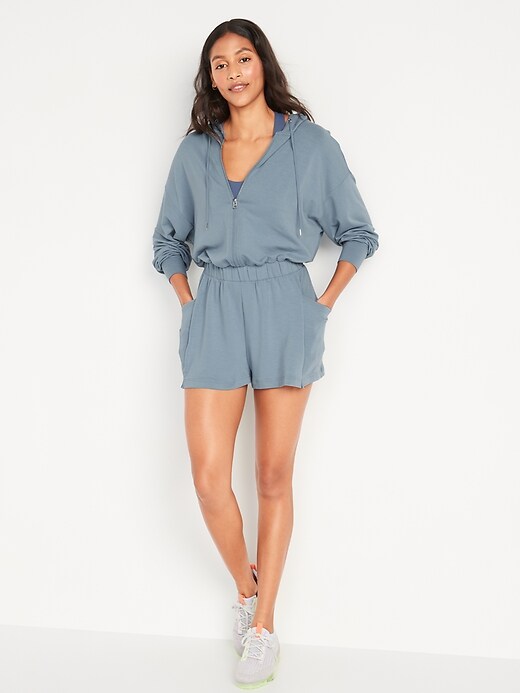 Image number 1 showing, Live-In Hooded French-Terry Romper for Women -- 3-inch inseam