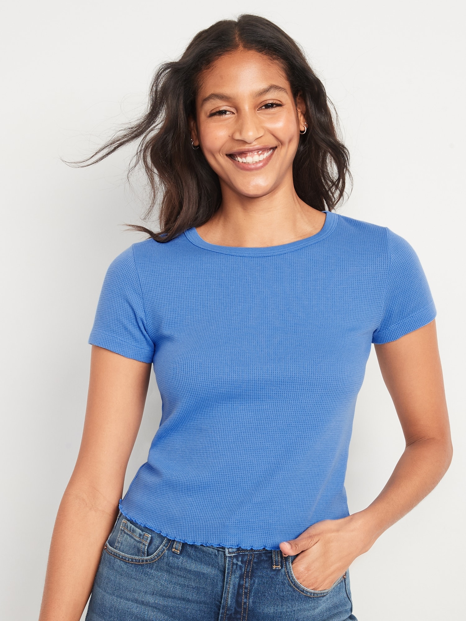 Old Navy Short-Sleeve Cropped Lettuce-Edge Waffle-Knit T-Shirt for Women blue. 1