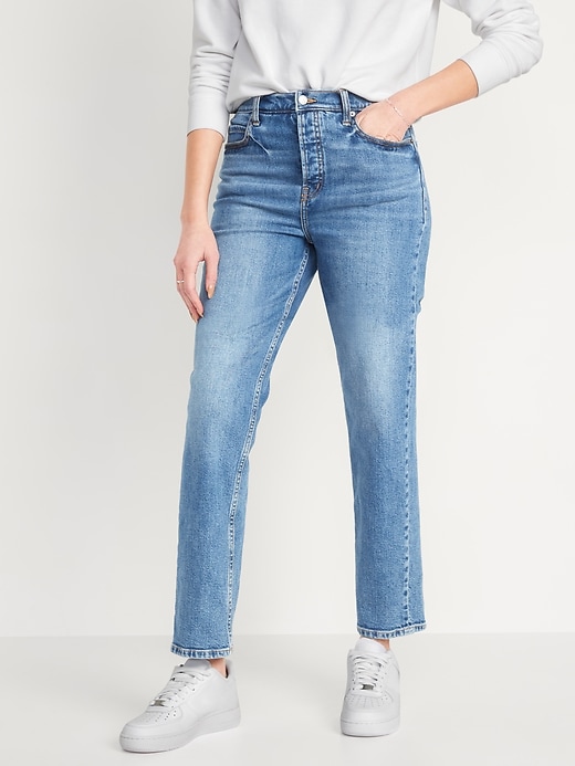 Image number 1 showing, Extra High-Waisted Button-Fly Sky-Hi Straight Jeans for Women