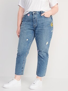 High-Waisted Button-Fly Slouchy Straight Embroidered Non-Stretch Cut-Off Jeans for Women