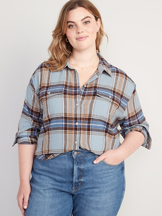 Long-Sleeve Plaid Flannel Boyfriend Tunic Shirt for Women