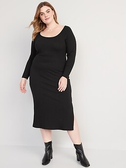 Fitted Long-Sleeve Rib-Knit Midi Dress for Women
