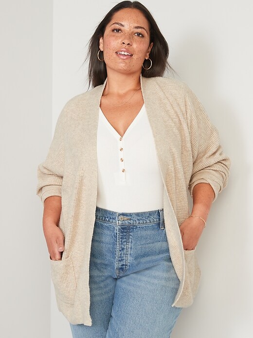 Image number 7 showing, Heathered Waffle-Knit Open-Front Cardigan for Women