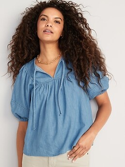 Oversized Chambray Puff-Sleeve Tie-Neck Top for Women