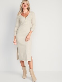 Fitted Long-Sleeve Heathered Rib-Knit Henley Midi Dress for Women