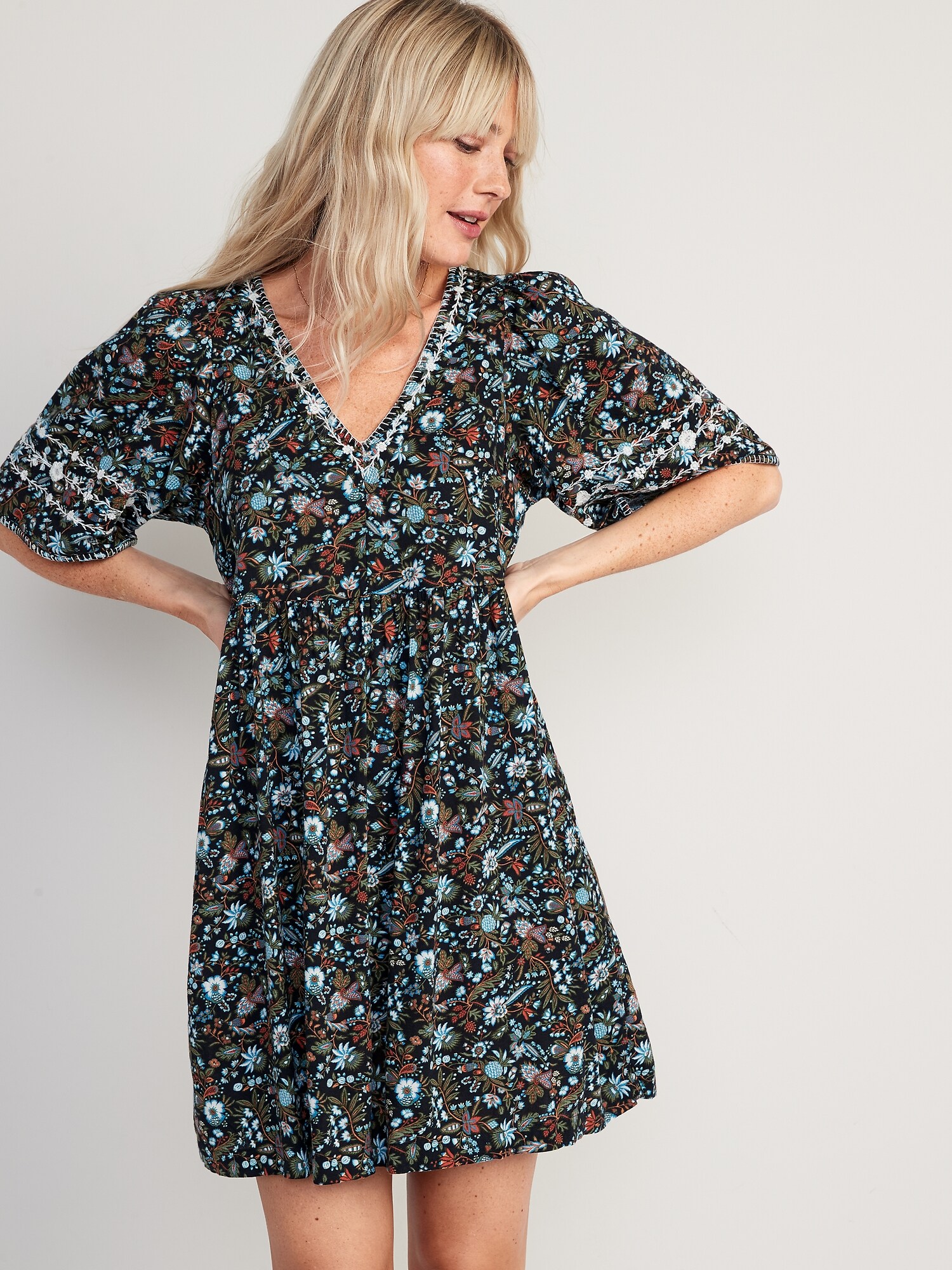 Bell-Sleeve Floral-Print V-Neck Mini Shift Dress | Old Navy