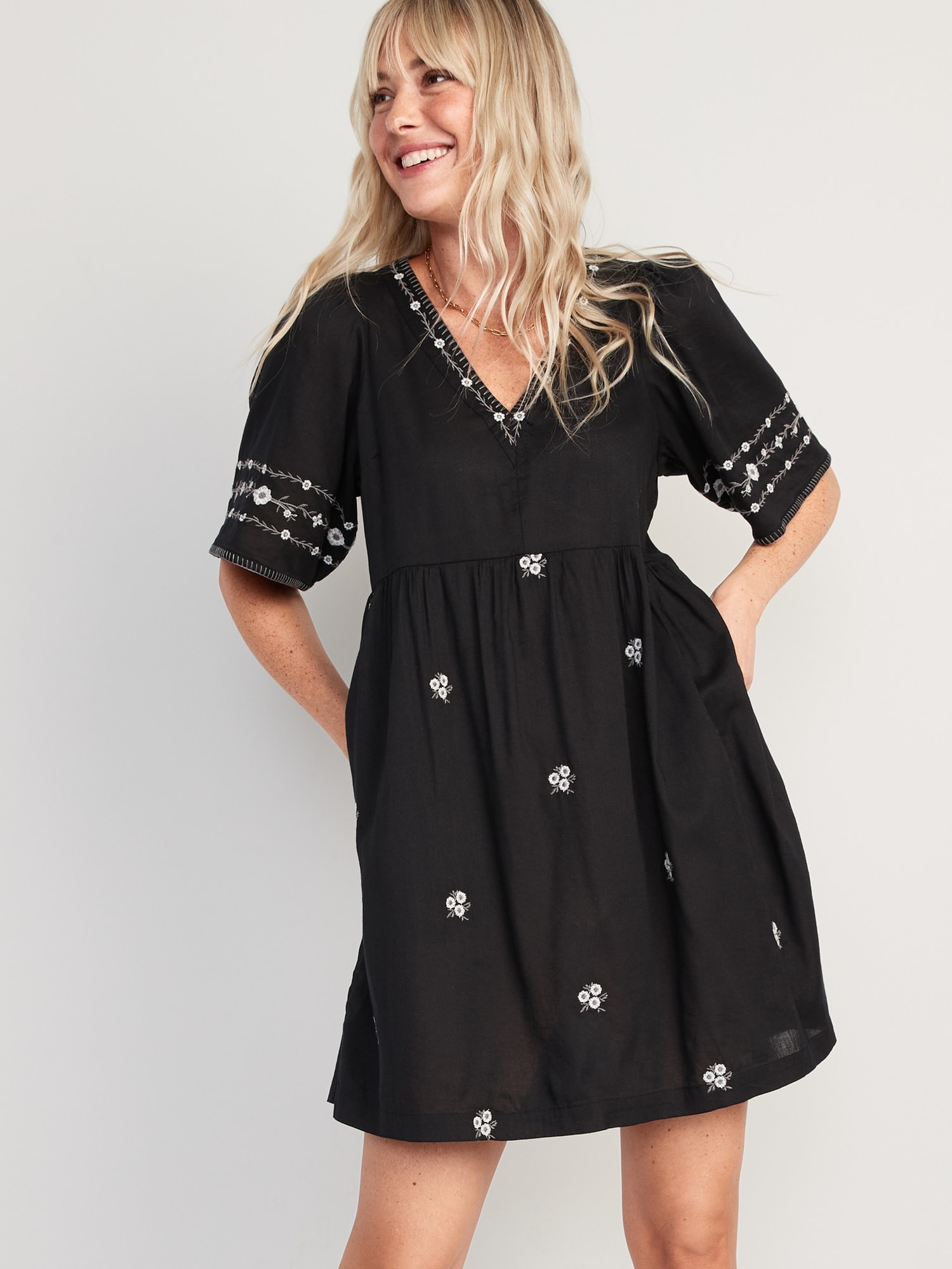 Bell-Sleeve Floral-Embroidered V-Neck Mini Shift Dress For Women | Old Navy