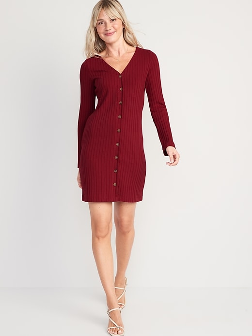 Image number 1 showing, Long-Sleeve Rib-Knit Button-Front Mini Shift Dress