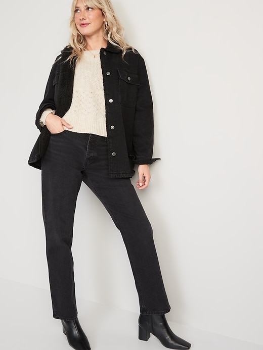 Image number 3 showing, High-Waisted Button-Fly Slouchy Straight Black-Wash Jeans for Women