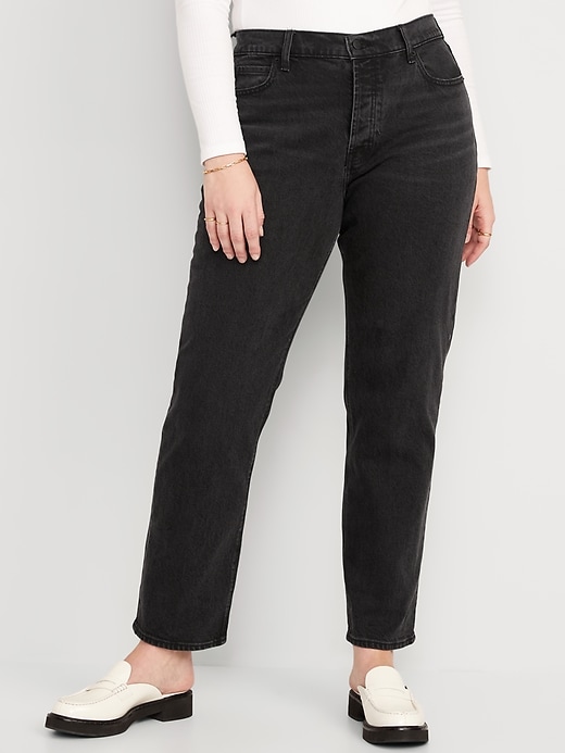 High-Waisted Button-Fly Slouchy Straight Black-Wash Jeans for Women ...